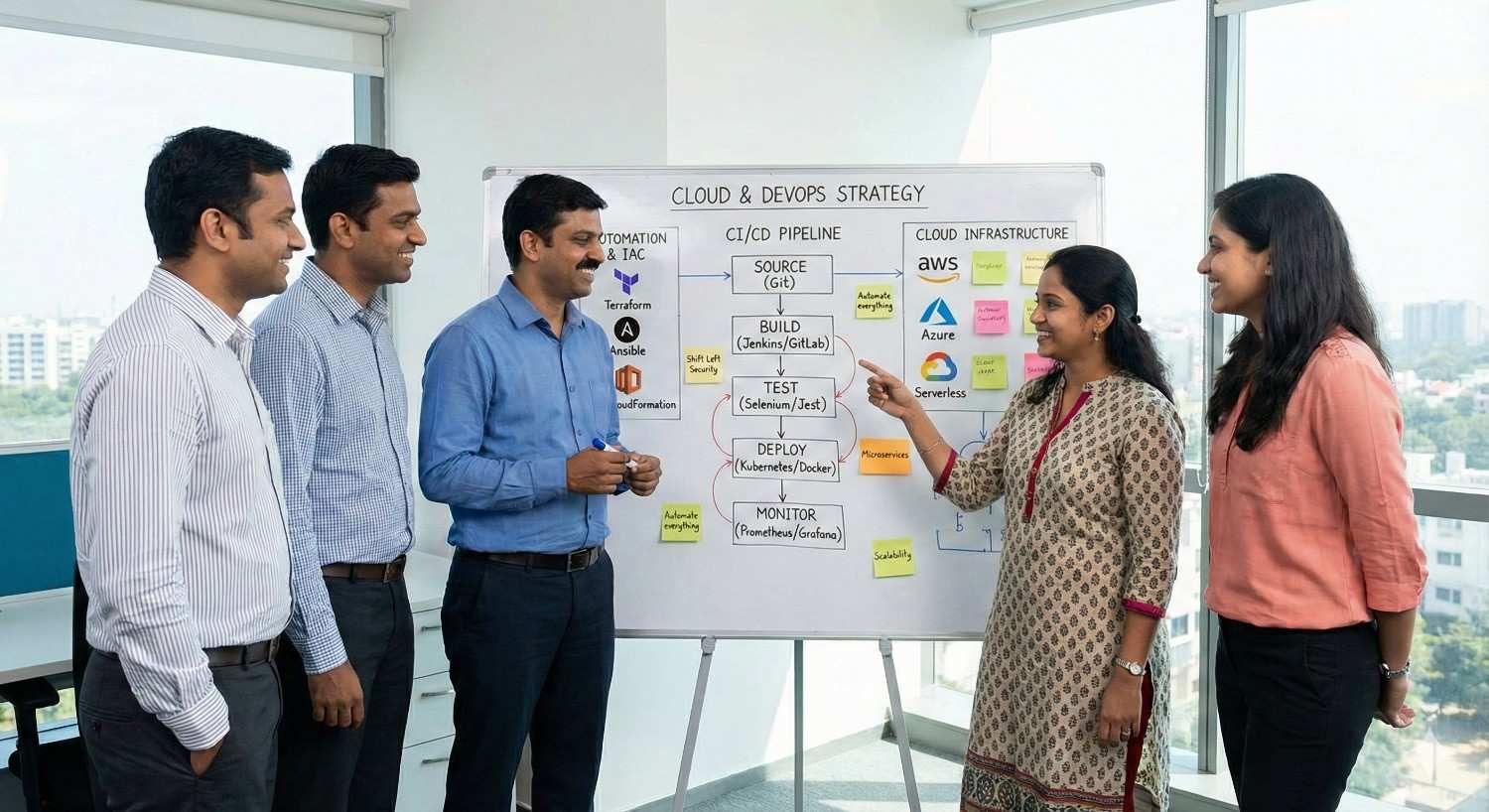 A team collaborating on a strategy whiteboard