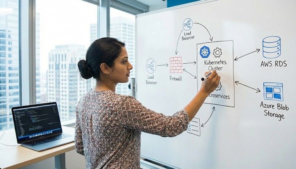 An engineer designing a cloud architecture diagram
