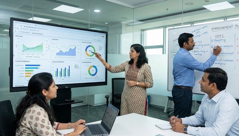 A team reviewing performance dashboards and planning improvements